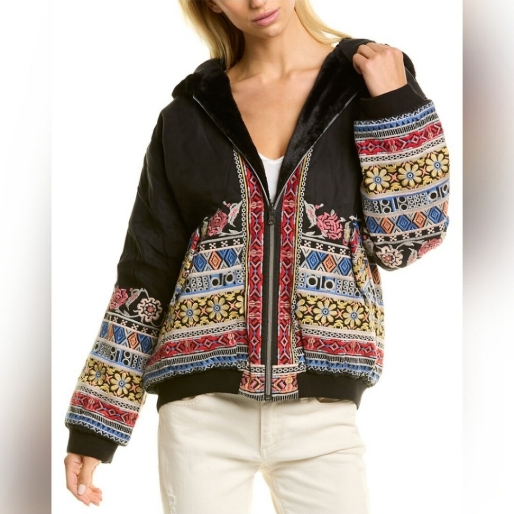 Johnny Was Malini Reversible fur/silk Bomber L New
